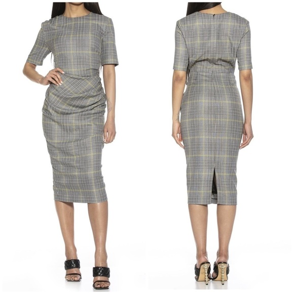 New Alexia Admor Olive Plaid Dress Micro Houndstooth Midi Gray Black Sz 8 - Picture 1 of 12